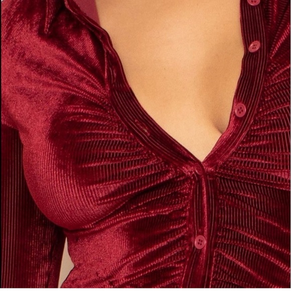 BURGUNDY VELVET CORDUROY SHIRT MINI DRESS - Picture 2 of 4